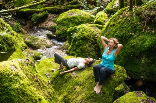 Zwei Frauen sitzen im Wald auf einem Felsen und atmen die Waldluft ein